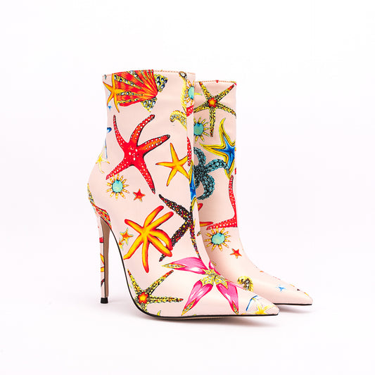 Womens Pointed Toe Printed Mixed Colors Ankle Boots Stilettos High heel Sexy