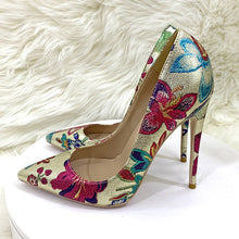 Load image into Gallery viewer, Gold Embroidered Graffiti High Heel Shoes Pointed Thin Heel Shallow Mouth
