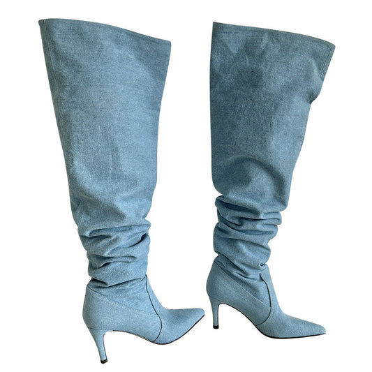 Foreign Trade Pointed Thin Heel Wide Sleeve Boots Large Sleeve Pleated Boots Push Boots Long Sleeve Large Size Women's Boots