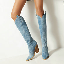 Load image into Gallery viewer, Fashion Denim Western Women Knee High  Boots Wedges High Heel Cowboy Boots
