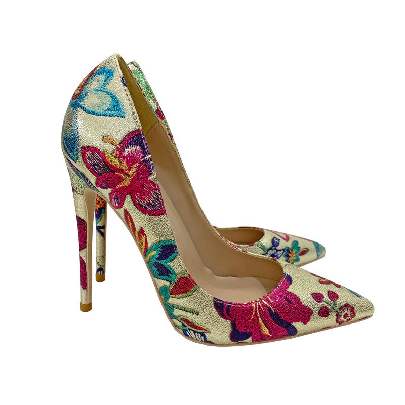 Gold Embroidered Graffiti High Heel Shoes Pointed Thin Heel Shallow Mouth