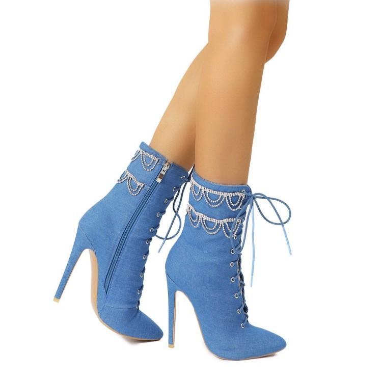 Large Size Rhinestone Chain Stiletto Pointed Toe Women's Ankle Boots
