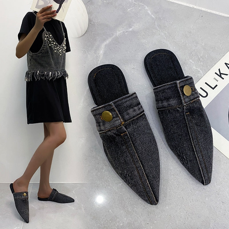 Comfortable Personality Womens Slippers Denim Round Toe Flat Shoes Female