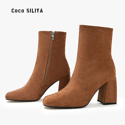 Autumn And Winter New Short Boots Thick With High Heel Square Head Suede