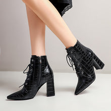 Load image into Gallery viewer, Cross Lace Super Thick Heel Pointed Stone Pattern Martin Boots Warm Plush Inner
