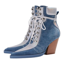 Load image into Gallery viewer, Processing time:7-15days after placing orders Autumn Fashion Denim Lace Up Chelsea Boots Pointed Toe Thick High Heels Platform Riveted Mixed Color Women&#39;s Shoes Big Size
