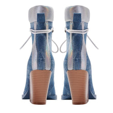 Load image into Gallery viewer, Processing time:7-15days after placing orders Autumn Fashion Denim Lace Up Chelsea Boots Pointed Toe Thick High Heels Platform Riveted Mixed Color Women&#39;s Shoes Big Size
