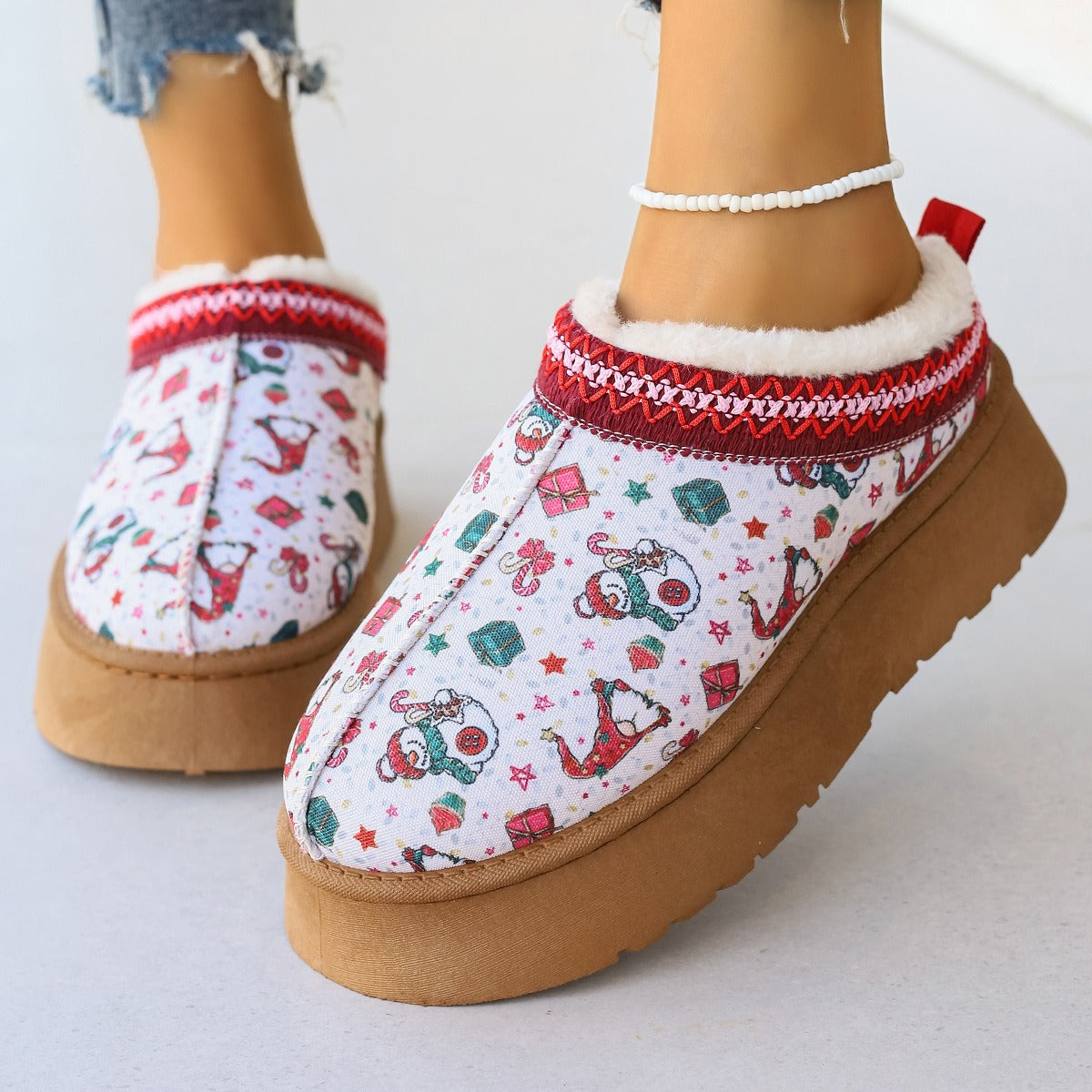 Women's Cartoon Christmas Print Ankle Boots Casual Slip On Plush Lined Home Shoes