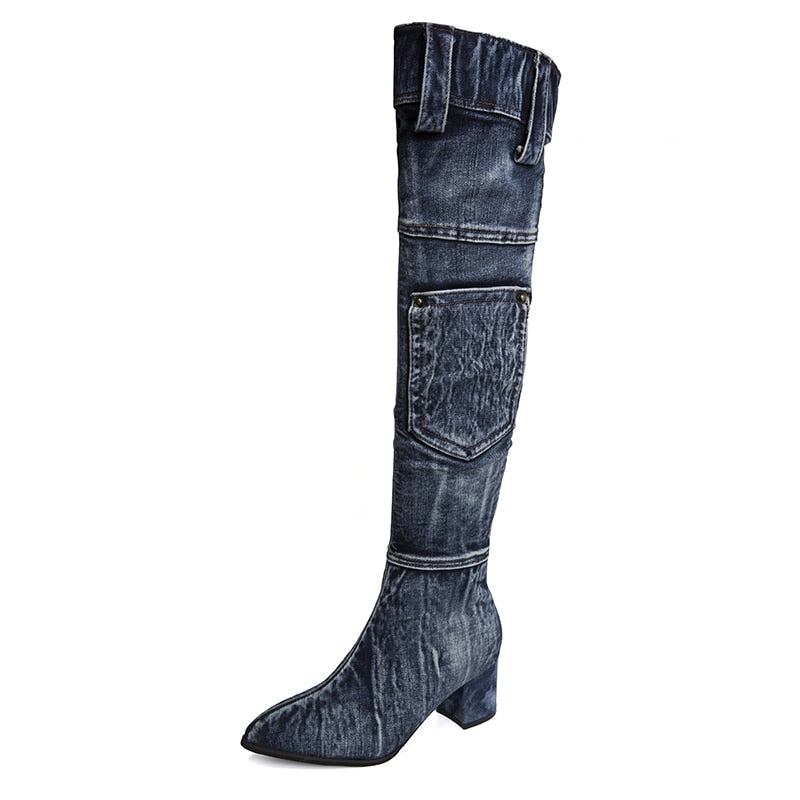 Sexy Jean Boots Women's Knee-High Boot Zipper 6CM High Heel Woman Stylish