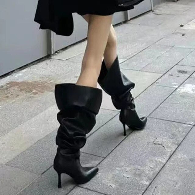 Foreign Trade Pointed Thin Heel Wide Sleeve Boots Large Sleeve Pleated Boots Push Boots Long Sleeve Large Size Women's Boots