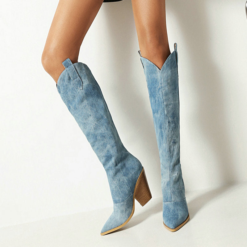 Fashion Denim Western Women Knee High  Boots Wedges High Heel Cowboy Boots