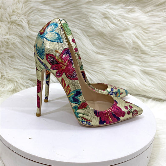 Gold Embroidered Graffiti High Heel Shoes Pointed Thin Heel Shallow Mouth