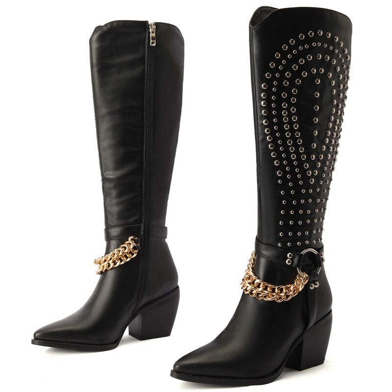 Show Chain Pointy Toe Thick Heel Side Zipper Paris Show Synchronized Boots