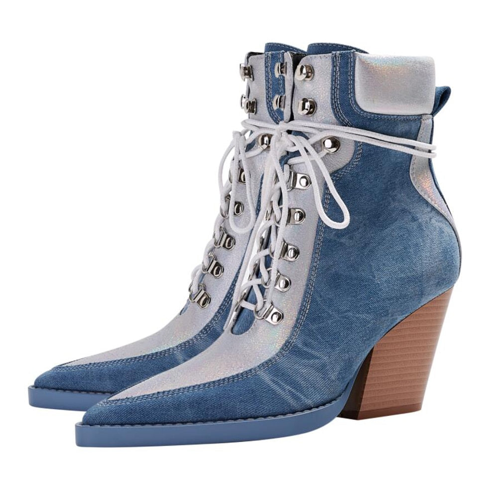 Processing time:7-15days after placing orders Autumn Fashion Denim Lace Up Chelsea Boots Pointed Toe Thick High Heels Platform Riveted Mixed Color Women's Shoes Big Size