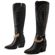 Load image into Gallery viewer, Show Chain Pointy Toe Thick Heel Side Zipper Paris Show Synchronized Boots
