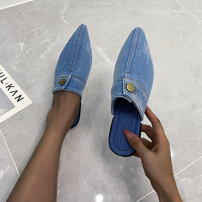 Comfortable Personality Womens Slippers Denim Round Toe Flat Shoes Female