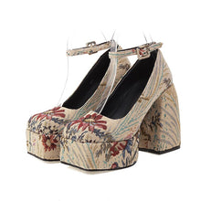 Load image into Gallery viewer, Spring New Floral Printed Square Head Platform Flat Buckle High Heel Sandals
