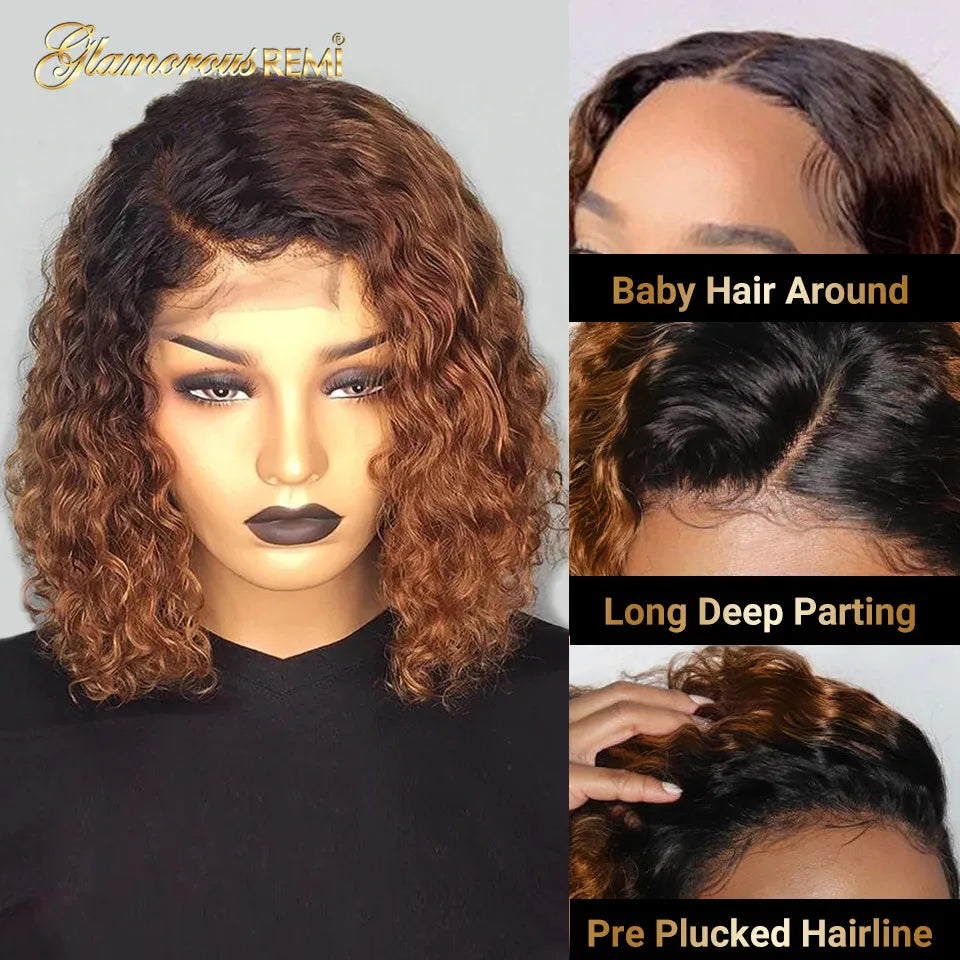 Ombre Curly Short Bob Wig Brazilian Curly Human Hair Wigs Lace Front Wig