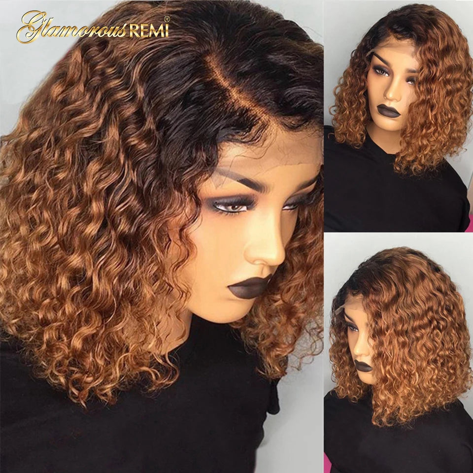 Ombre Curly Short Bob Wig Brazilian Curly Human Hair Wigs Lace Front Wig