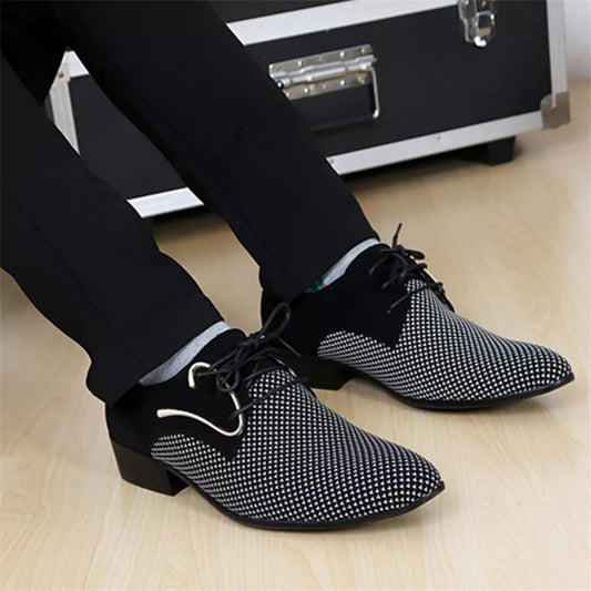 Mens Leather Business Dress Pointy Plaid Black Shoes Breathable Formal Wedding Basic  Loafers