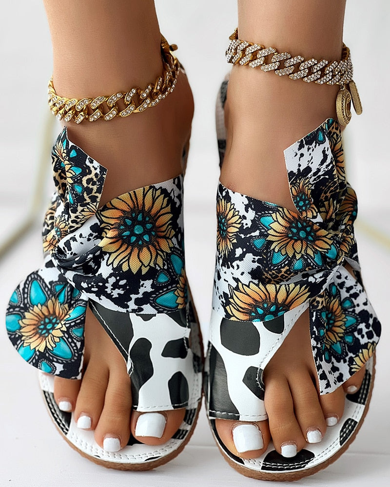 Sunflower Print Tied Detail Toe Ring Sandals