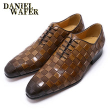 Load image into Gallery viewer, Luxury Italian Leather Dress Shoes Men Fashion Plaid Print Lace Up
